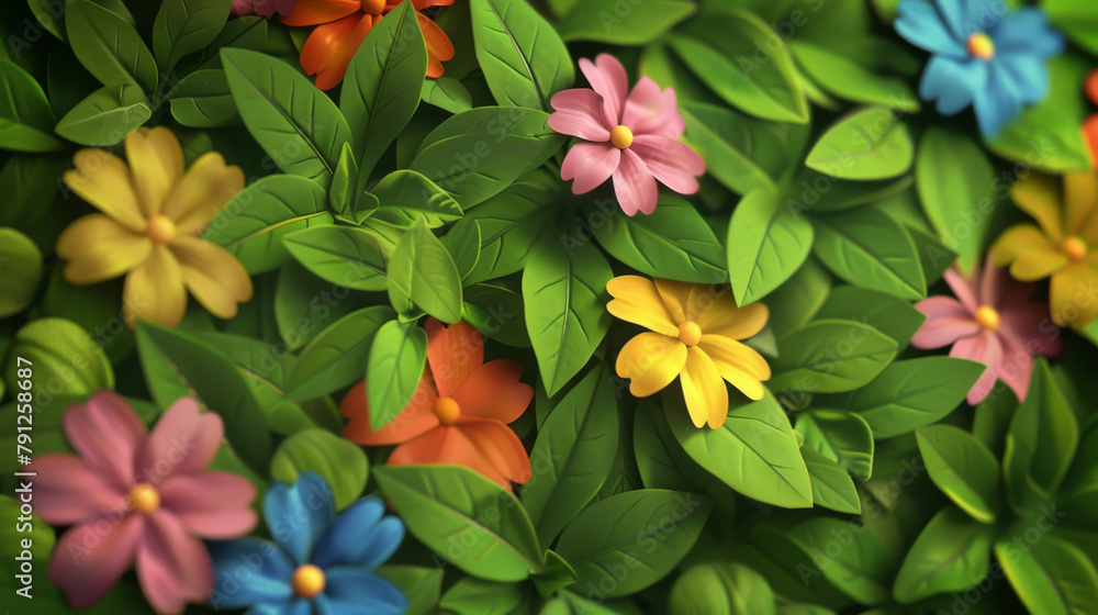 An enchanting view of lush green leaves and paper flowers in hues of yellow, pink, and blue, giving a feel of a vibrant garden. An enchanting view of lush green leaves and paper flowers in hues of yellow, pink, and blue, giving a feel of a vibrant garden.