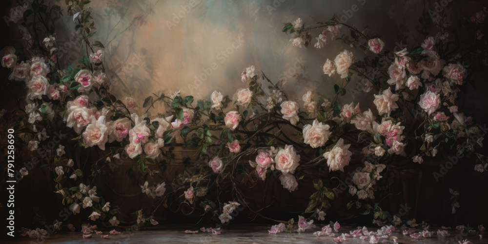 Pink Roses on a Old Wall. Vintage Background in warm gray tones with White Roses. Grunge background with Flowers. Photo studio backdrop