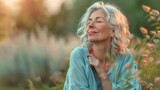 Serene Middle-Aged Woman Embracing Menopause in a Tranquil Garden Oasis