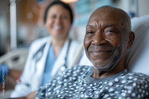 Senior Cancer Patient Smiling with Female Doctor. Smiling senior cancer patient experiences a moment of joy with a supportive female healthcare professional in a hospital room.