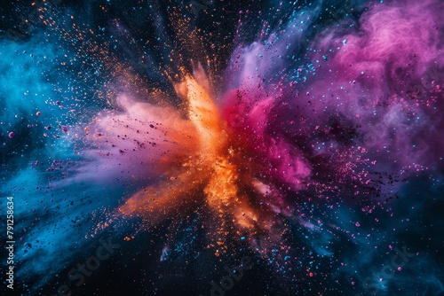 A centered explosion of colorful powder on a black background photo