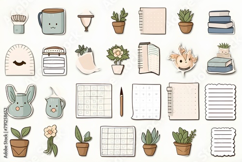 Set of cute stationery icons. Vector illustration. Isolated on white background.