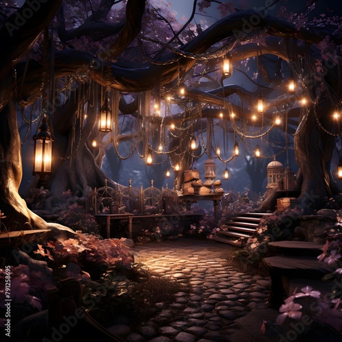 3D rendering of a fantasy garden at night with trees and lanterns