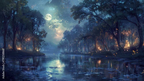 Luminescent Moonlit Serenity, A mesmerizing scene where the moon's luminescence bathes a tranquil forest and peaceful lake, casting a spell of serenity under the starry night sky.