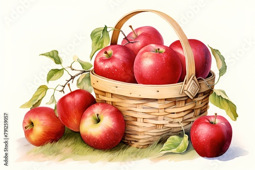 Basket with ripe red apples on a white background. Watercolor illustration