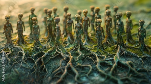 Group connected by a network of roots, symbolizing deep connections and origins photo