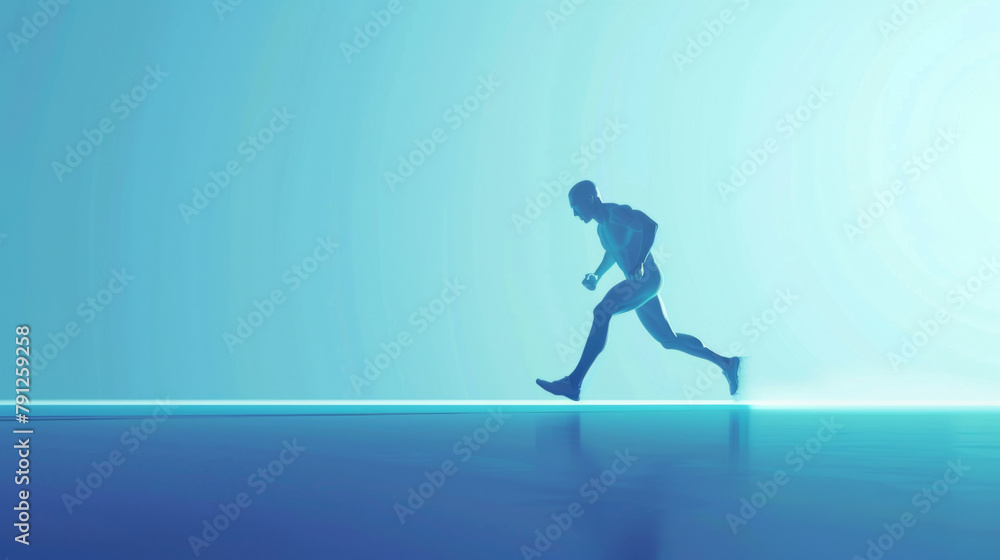 The silhouette of a runner caught in a moment of powerful motion, enhanced by a streamlined blue tonal rush.