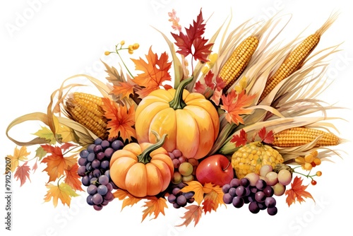 Watercolor autumn harvest composition with pumpkins, grapes, corn and leaves isolated on white background photo