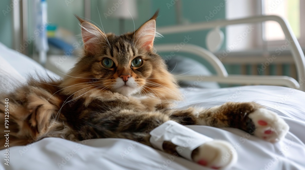 A cat with a broken bandaged paw lies on a hospital bed in a veterinary hospital. Veterinary care, animal doctor. Healthcare pet