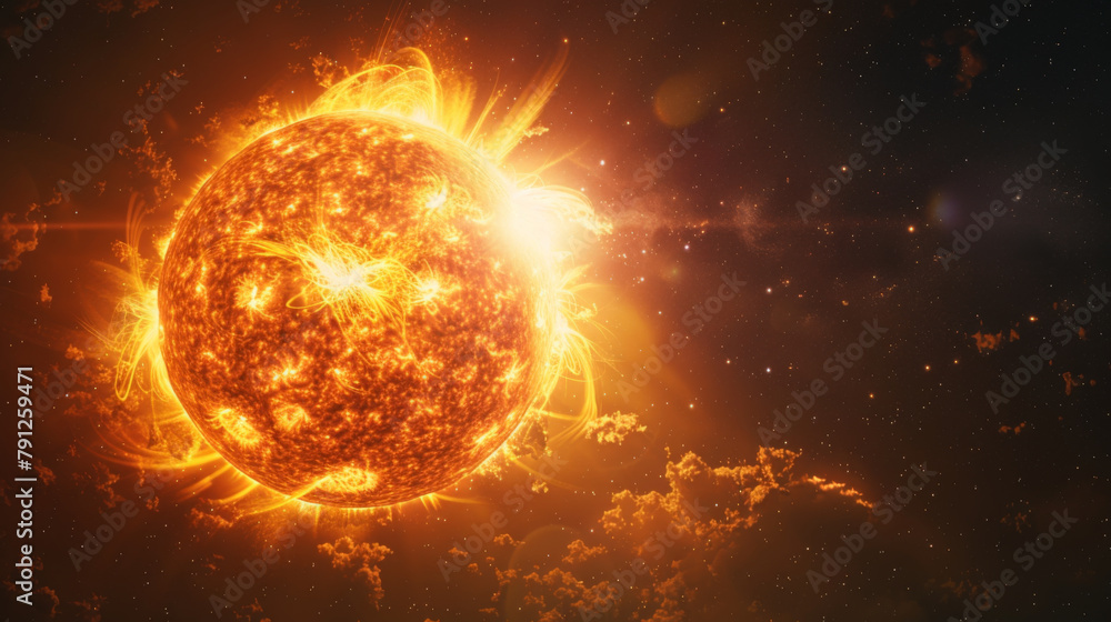 A vivid representation of massive solar flares erupting from the turbulent surface of the sun amidst the cosmos. A vivid representation of massive solar flares erupting from the turbulent surface of the sun amidst the cosmos.