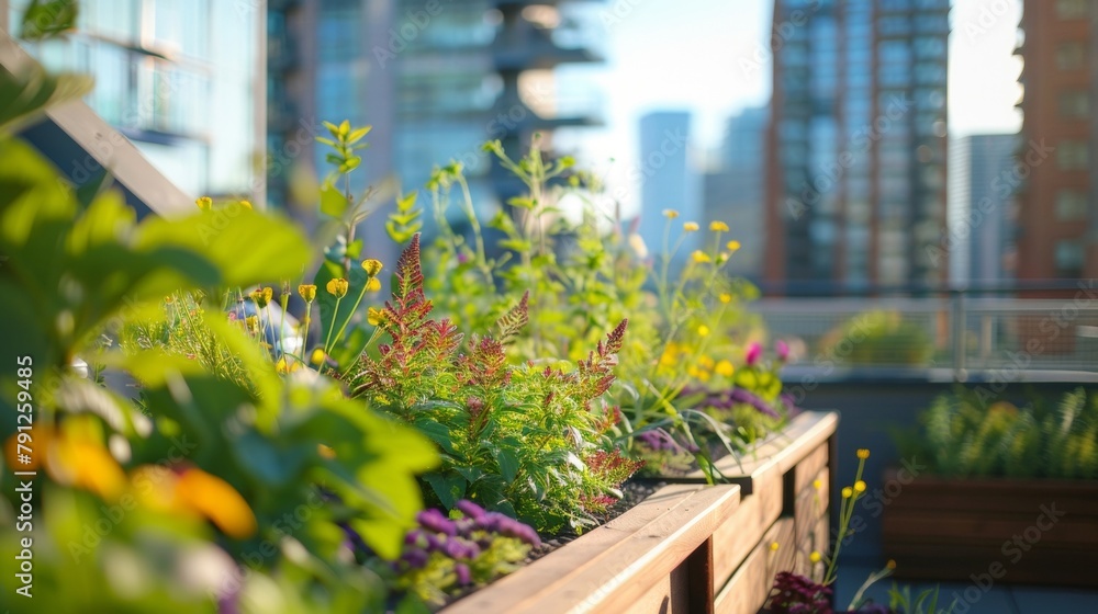Fototapeta premium A rooftop garden with a variety of plant species promoting biodiversity and providing a peaceful escape from city life. .