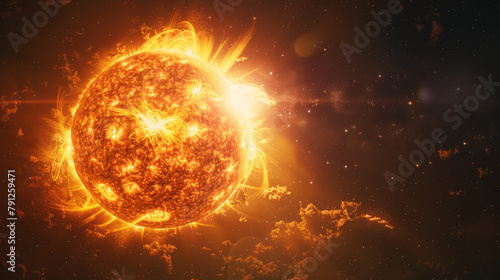 A vivid representation of massive solar flares erupting from the turbulent surface of the sun amidst the cosmos. photo