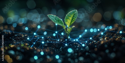 A single plant sprout growing from the soil, surrounded by glowing blue and white data points symbolizing technology, with futuristic patterns in background .innovation in modern agriculture Concept