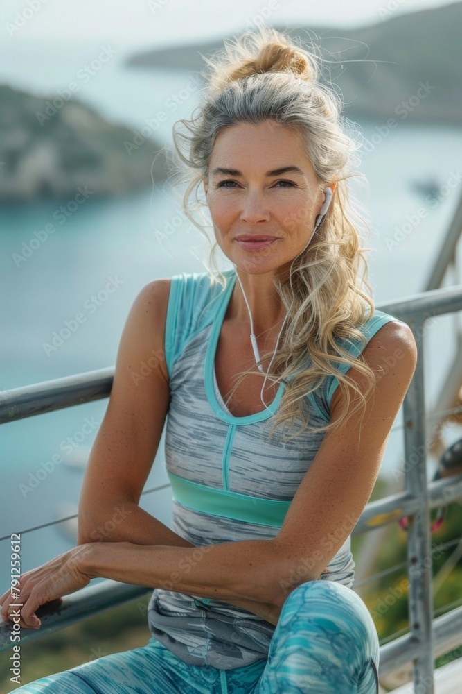 Serene Middle-Aged Woman Enjoying Yoga by the Seaside on International Day of Yoga