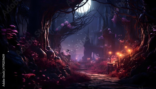 Scary halloween dark forest with fog  spooky horror scene  3d render illustration