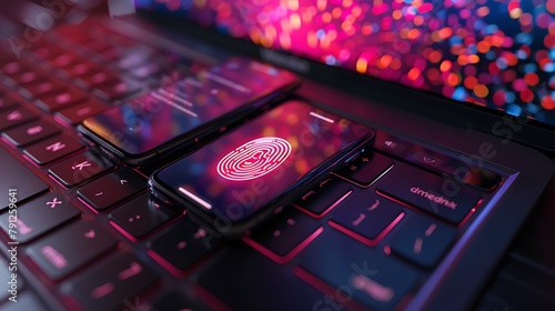 A laptop keyboard with a glowing fingerprint scanner and a mobile phone displaying a confirmation message for two-step verification