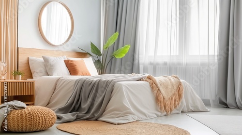 Scandinavian Interior design a bedroom with a neatly made bed, wooden furniture, potted plants, and a mirror hanging above the bed. Light grey and beige palette photo