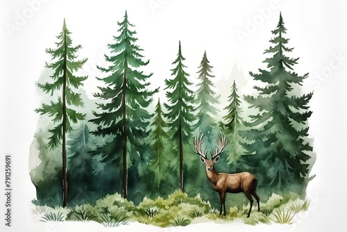 Watercolor forest landscape with elk and coniferous trees. photo