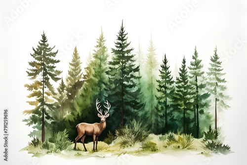 Hand drawn watercolor illustration of a deer in the forest with pine trees.