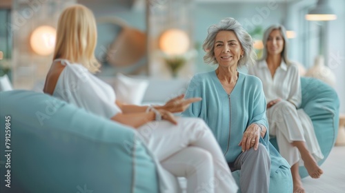 Empowering Mature Women Discussing Menopause Wellness in Serene Spa Setting