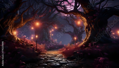 Fantasy landscape with dark forest and moonlight. 3d rendering