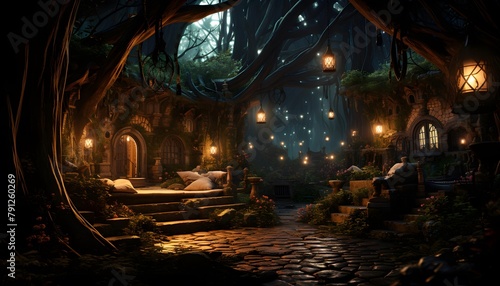 Fairy tale castle in the forest at night. 3d rendering