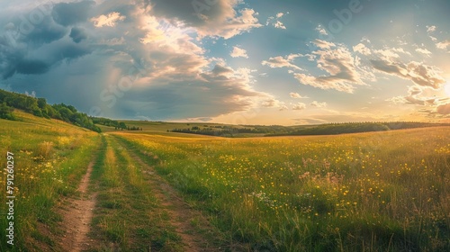 Vintage-Style Panoramic Meadow View Under a Dramatic Sky for Environmental Campaigns