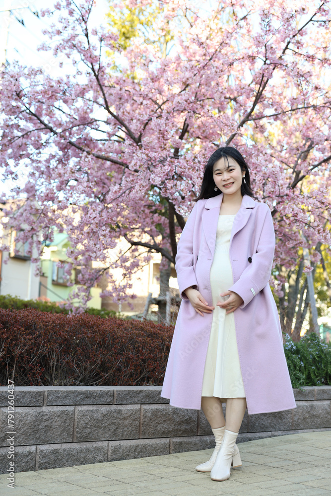 春のマタニティフォト　アジア妊婦　桜