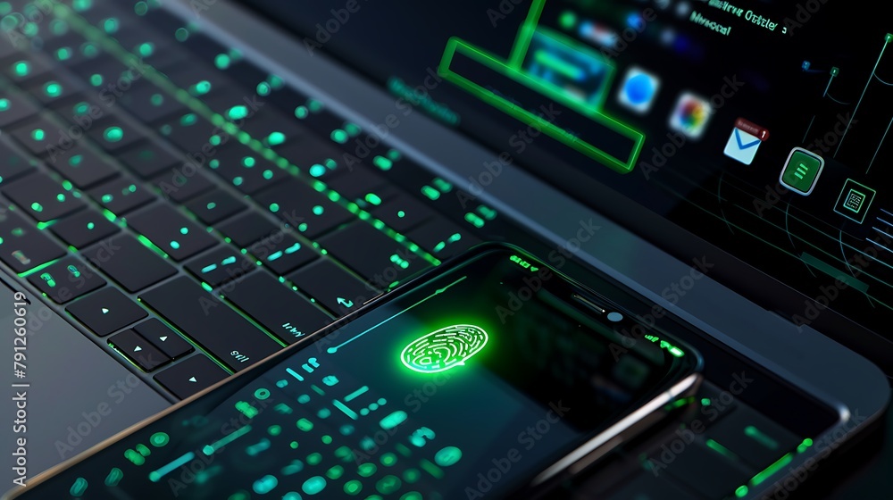A laptop keyboard with a fingerprint scanner glowing green indicating successful authentication alongside a smartphone displaying a two-step verification code