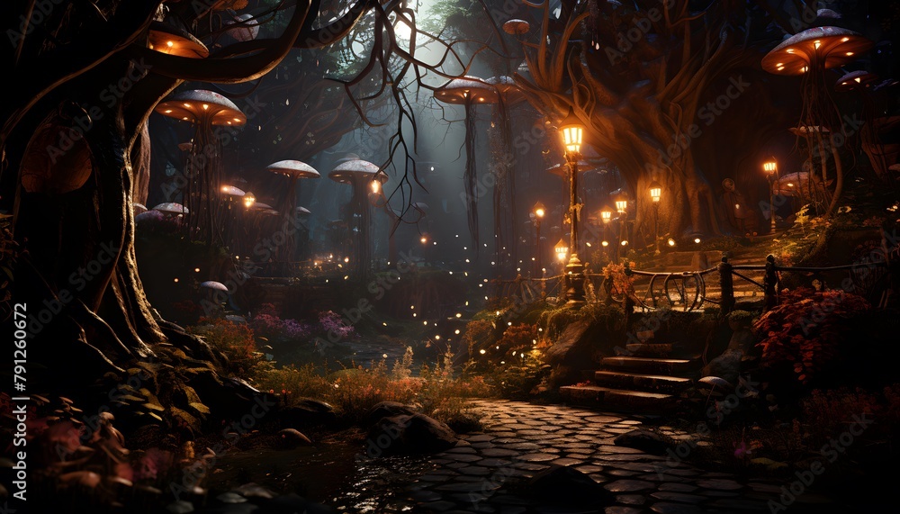 Mysterious forest with lanterns at night. 3D rendering