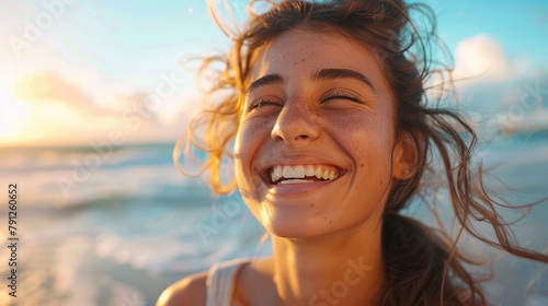 A young woman laughing joyfully at a beach © Veniamin Kraskov