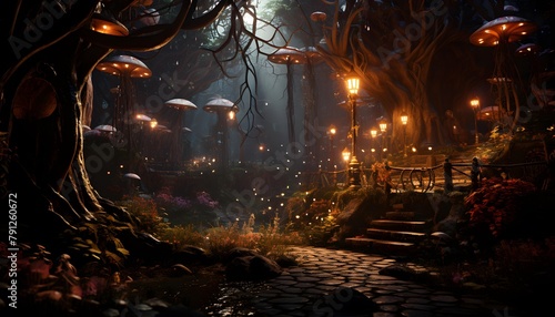 Mysterious forest with lanterns at night. 3D rendering