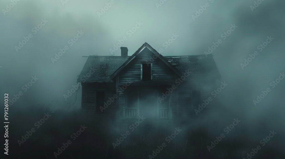 Mysterious Silhouette in Abandoned House Amidst Mist for National Paranormal Day, Gothic Atmosphere Mysterious Silhouette in Abandoned House Amidst Mist for National Paranormal Day, Gothic Atmosphere