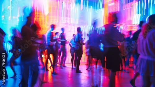 Blurred partygoers dancing in front of a neonlit wall adding a vibrant pop of color to the bustling atmosphere of the event. .