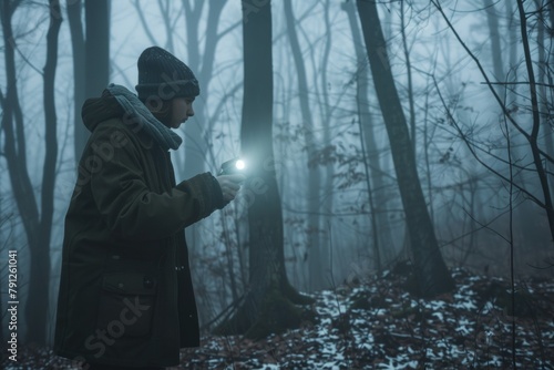 Teenage Ghost Hunter with EMF Detector Explores Misty Forest on National Paranormal Day photo