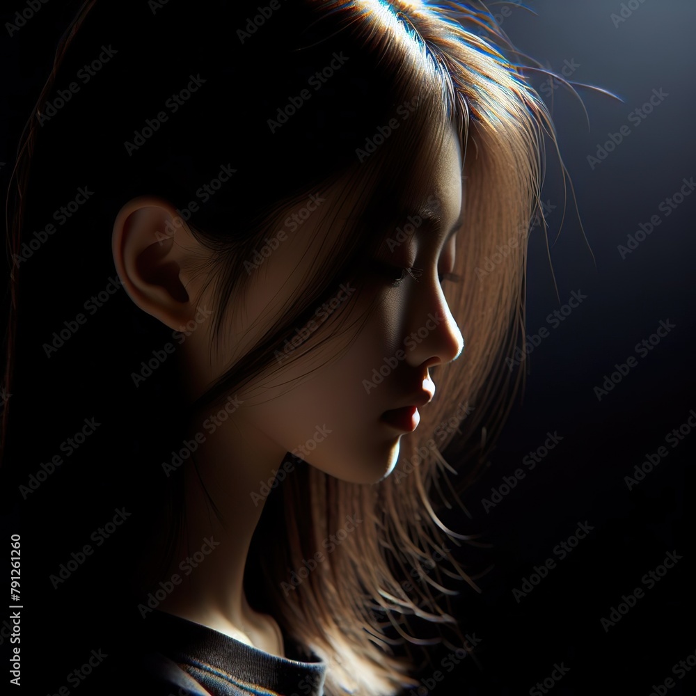 A sad young china woman profile portrait, with the Rim light shining on her face and hair. The background is black A sad young china woman profile portrait, with the Rim light shining on her face and hair. The background is black