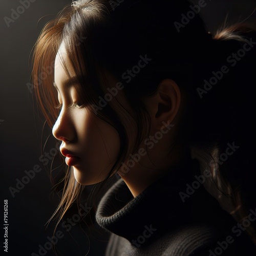 A sad young china woman profile portrait, with the Rim light shining on her face and hair. The background is black