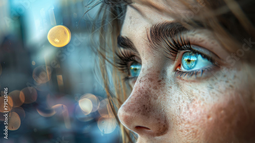A young woman's eyes reflecting a cityscape