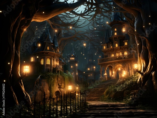 Halloween night scene with haunted house in the forest. 3d rendering