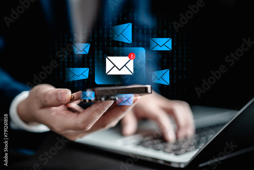 Businesswomen checking email via smartphone detect spam malware screen alerts, cyber internet web hack attacks, warning errors, sniffing attacks, phishing, cybersecurity network concept