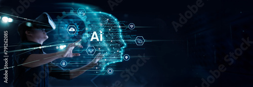 AI Marketing, Artificial Intelligence. Machine learning, VR, Man use vr glasses and structure analysis of big data marketing, data processing, deep learning of digital marketing technology for future.