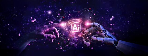 AI, Machine learning, Hands of robot and human touching on big data network connection, Data exchange, deep learning, Science and artificial intelligence technology, innovation of futuristic.