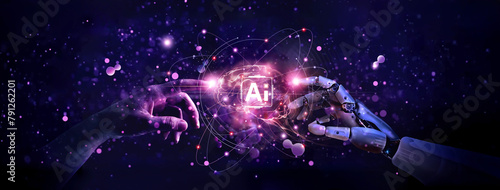AI, Machine learning, Hands of robot and human touching on big data network connection, Data exchange, deep learning, Science and artificial intelligence technology, innovation of futuristic. photo