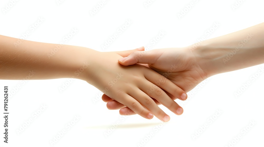 
Close up of baby and kids hands reaching out to each other isolated on white background, empty space between, studio shot