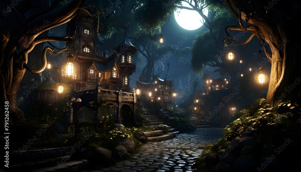 Illuminated Japanese garden with old wooden houses and lanterns.