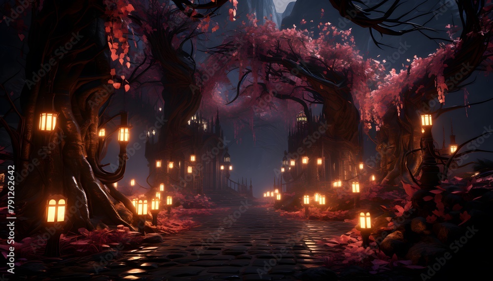 3D rendering of a fantasy night scene with lanterns, trees and water
