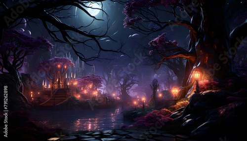 Creepy halloween background with haunted house, moon and tree