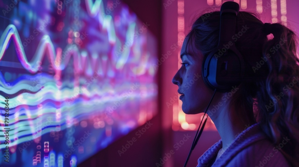 A person wearing headphones while engaging in biohacking through music with different brainwaves displayed on a screen in the background. . A person wearing headphones while engaging in biohacking through music with different brainwaves displayed on a screen in the background. .