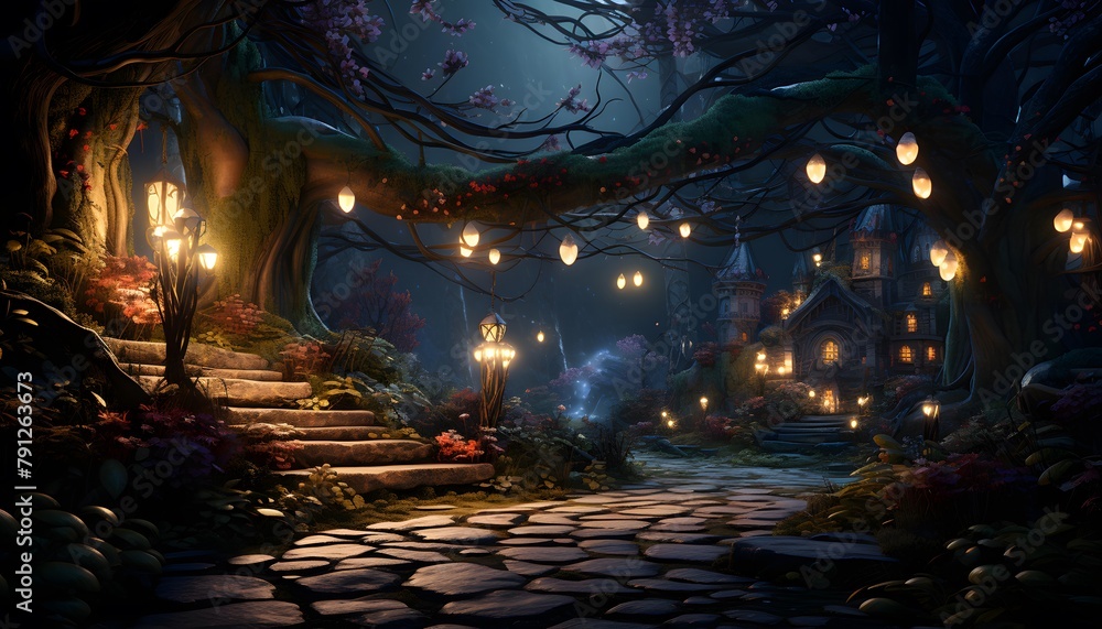Fantasy night landscape with a path in a dark forest. 3d rendering