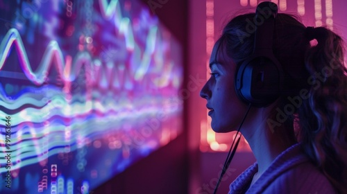 A person wearing headphones while engaging in biohacking through music with different brainwaves displayed on a screen in the background. .